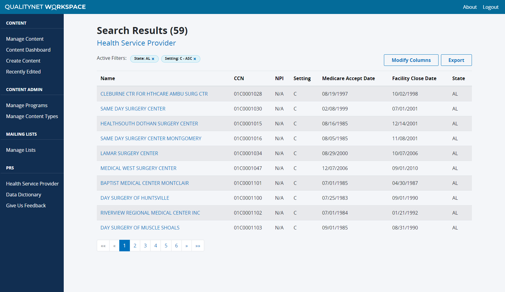 CMS data repository tool search results