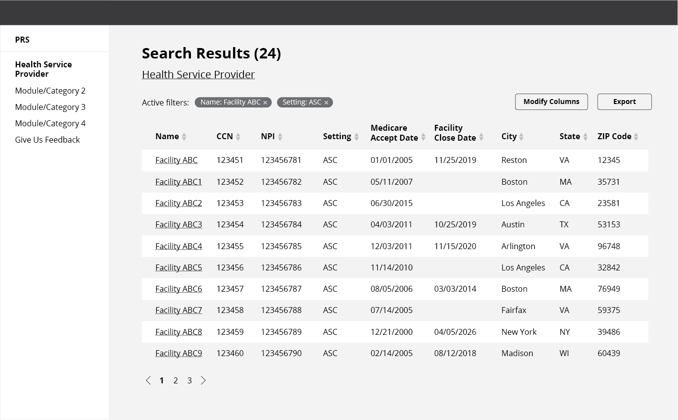 CMS data repository tool search results wireframes v2.0